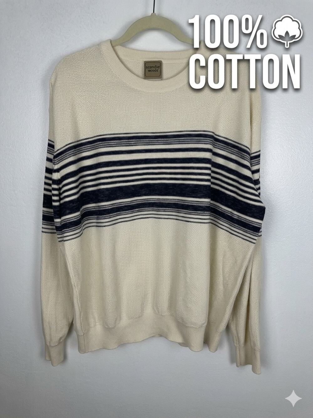 Scandia Woods Men's Off-White Striped Knit Sweater 100% Cotton Crewneck XL